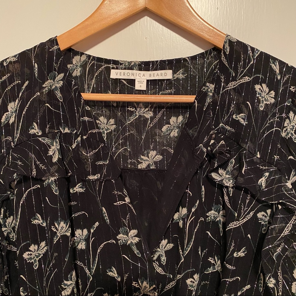 Veronica Beard Fitzgerald Black Metallic Ruched Floral Silk Mini Dress - Picture 6 of 14